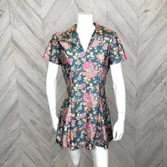 Vintage 70s Dress Womens S/M Floral Mini Short Sleeve V-Neck Collar Retro - Picture 1 of 5